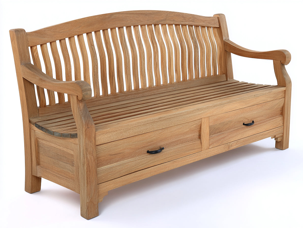 Gartenbank 180 x 65 x 95 cm - Holz Sitzbank mit zwei Schubladen - Gartenbank in Naturfarbe mit Stauraum