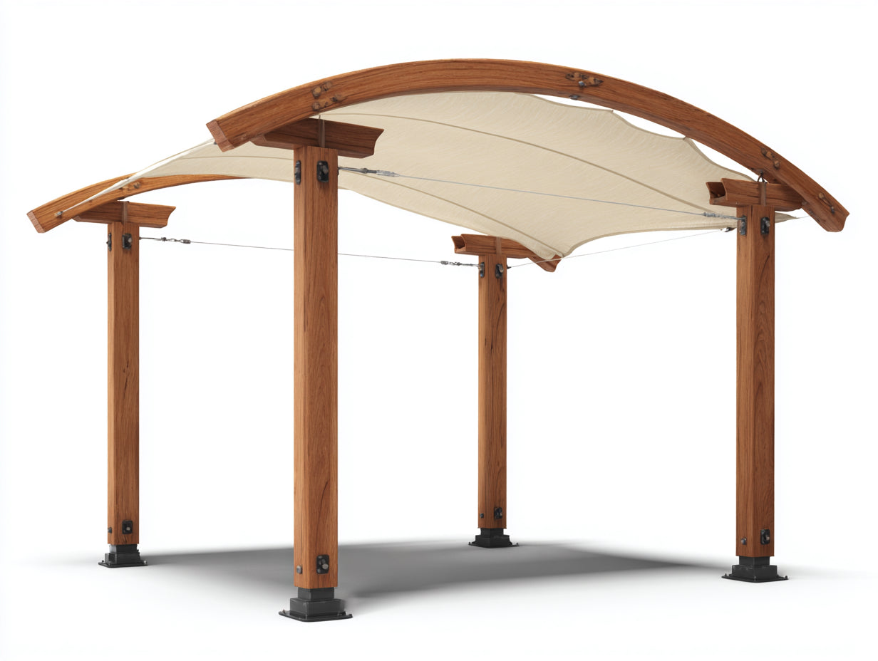 Pavillon 400 x 300 x 250 cm - Moderner Gartenpavillon aus Holz und Stoffdach - Brauner Outdoor Pavillon für Terrasse und Garten